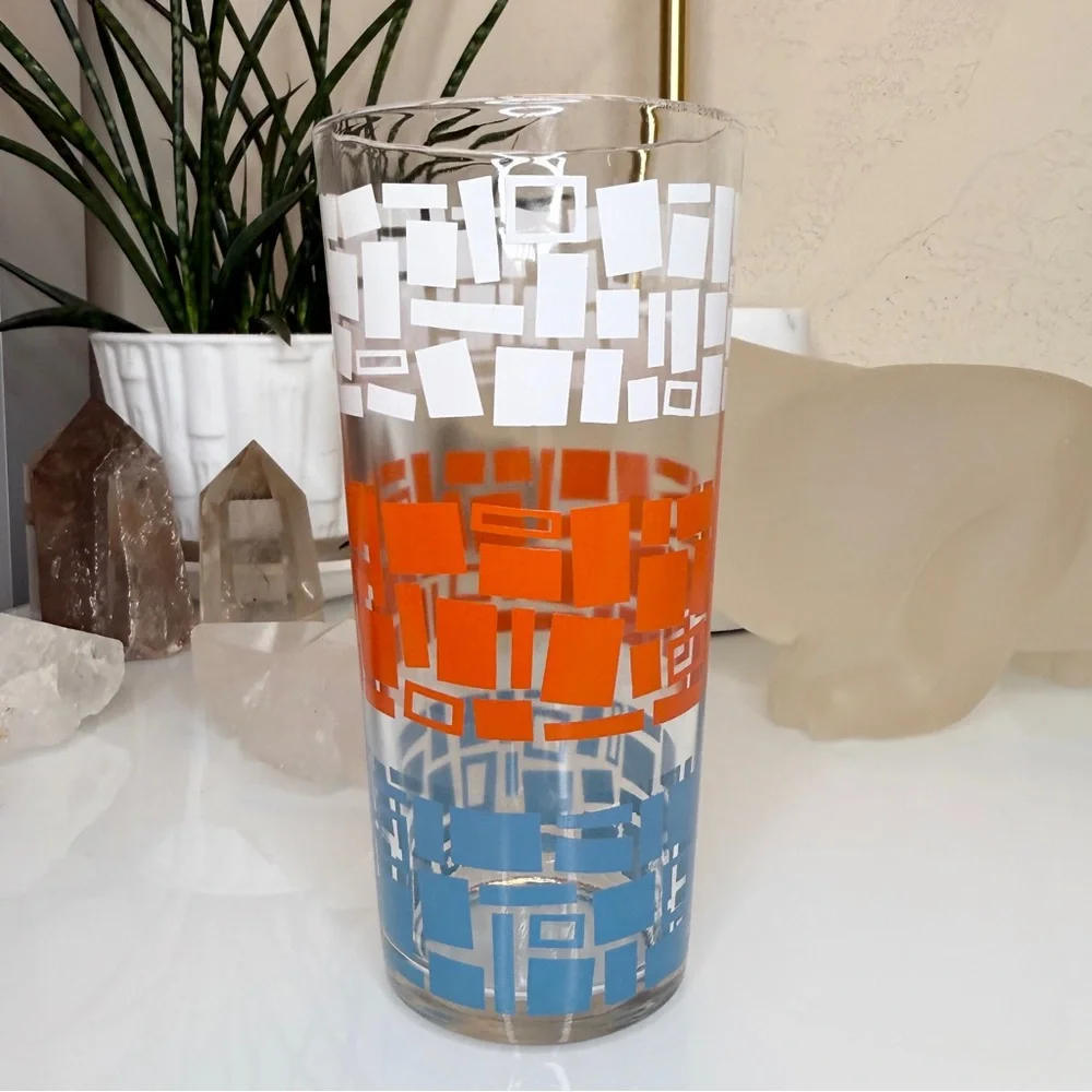 Vintage Mid Century Abstract Shapes Orange Blue White Tumbler Drinking Glass